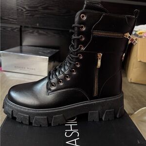 Fashion Nova Black Combat Boots with Gold Accents